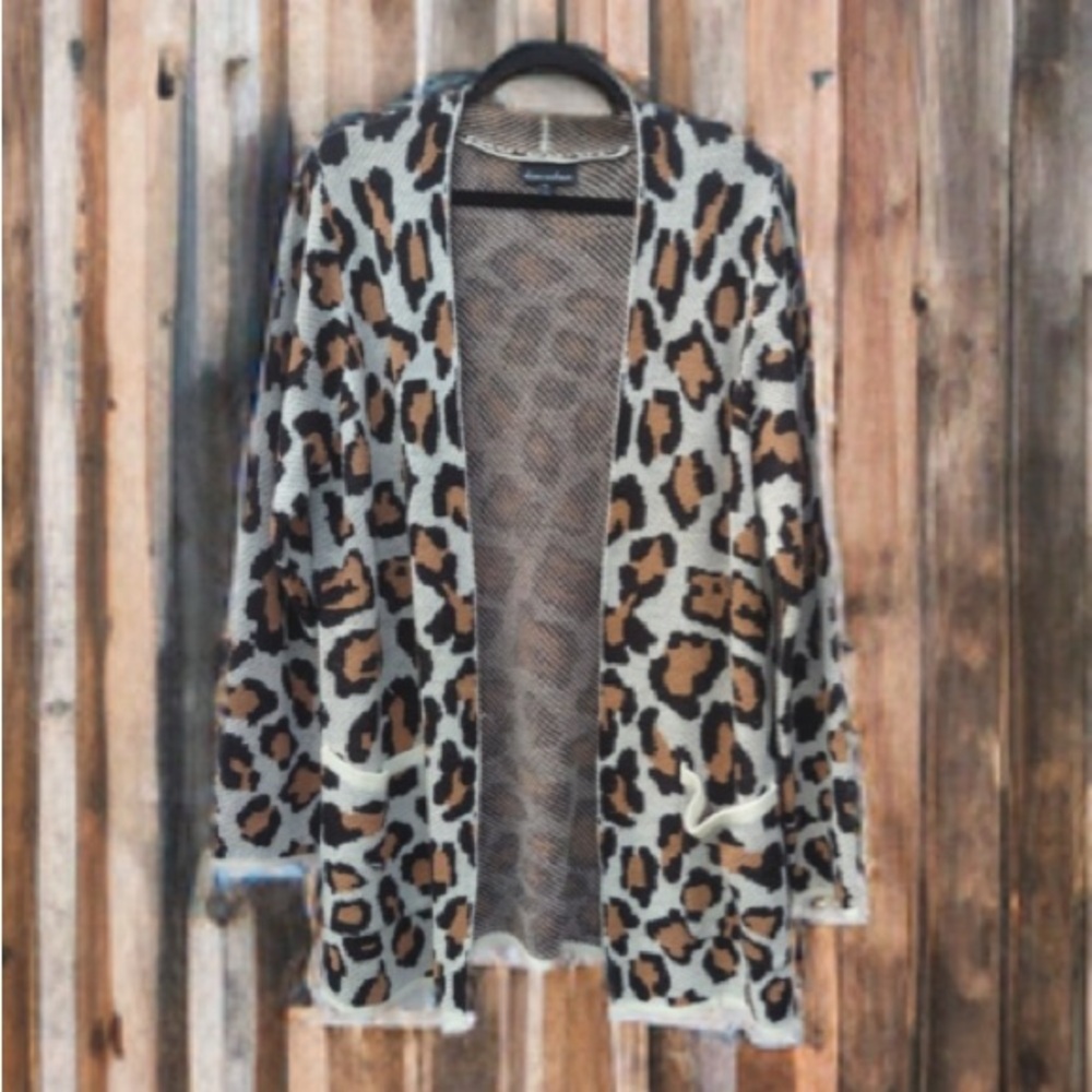 Alison Andrews Animal Print Cardigan Large Open Front Knit Coatigan Pockets Boho